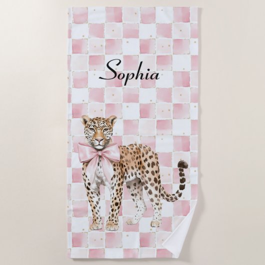 Leopard Pink Bow Squares Strandlaken (Voorkant)