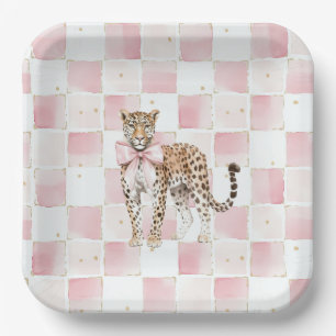 Leopard Pink Bow Squares Verjaardag Papieren Bordje