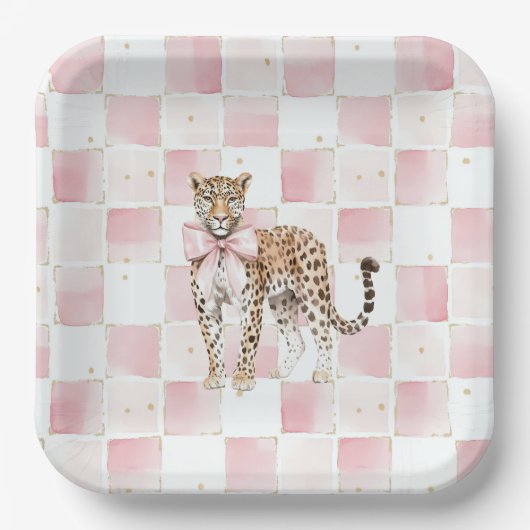 Leopard Pink Bow Squares Verjaardag Papieren Bordje (Voorkant)