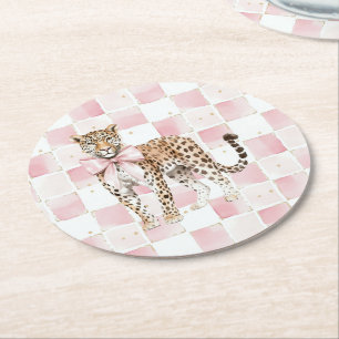 Leopard Pink Bow Squares Verjaardag Ronde Kartonnen Onderzetter