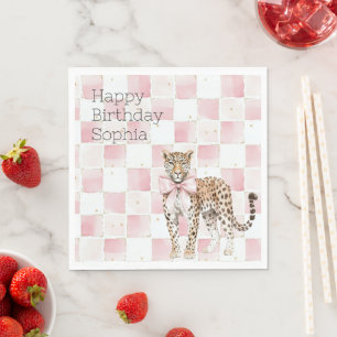 Leopard Pink Bow Squares Verjaardag Servet