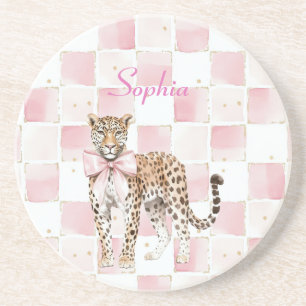 Leopard Pink Bow Squares Zandsteen Onderzetter