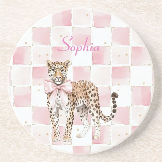 Leopard Pink Bow Squares Zandsteen Onderzetter (Voorkant)