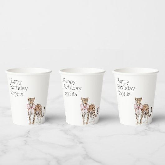 Leopard Pink Bow Verjaardag Papieren Bekers (Multi)