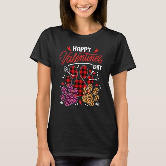 Leopard Plaid Dog Cat Paw Print Happy Valentines D T-shirt (Voorkant)