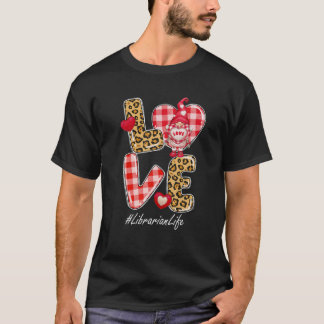 Leopard Plaid Heart LOVE Librarian Life Gnome Vale T-shirt