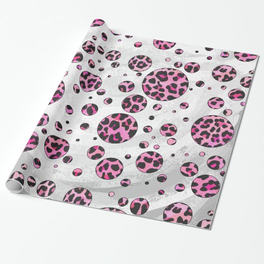 Leopard Polka Dot Black en Hot Pink Print Cadeaupapier (Uitgerold)