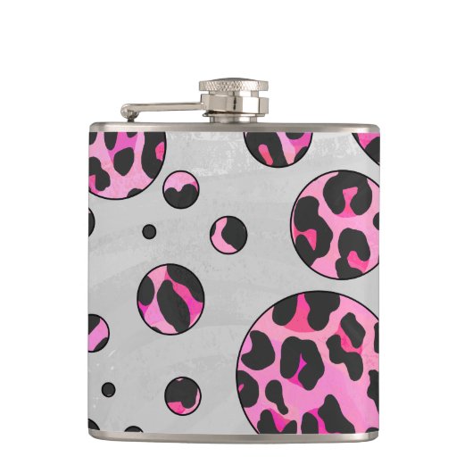 Leopard Polka Dot Black en Hot Pink Print Heupfles (Voorkant)
