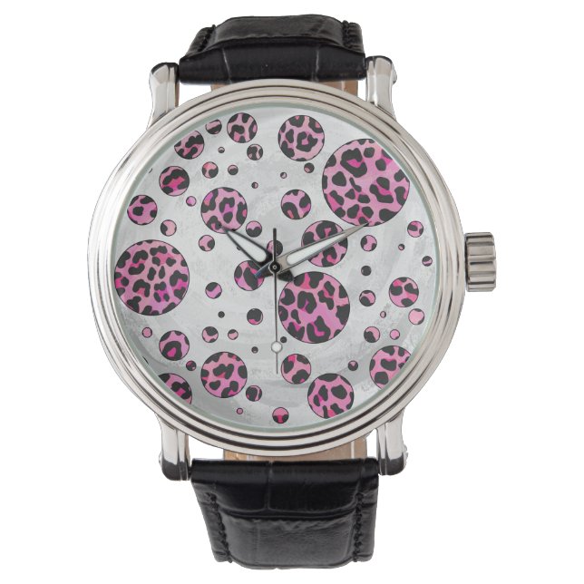 Leopard Polka Dot Black en Hot Pink Print Horloge (Voorkant)