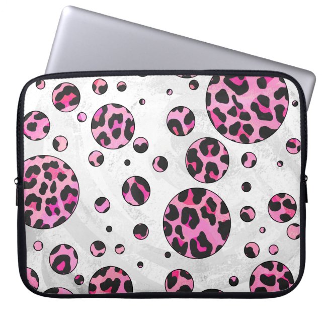 Leopard Polka Dot Black en Hot Pink Print Laptop Sleeve (Voorkant)