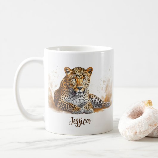 Leopard Portrait Safari Dier Gepersonaliseerde naa Koffiemok (Met donut)