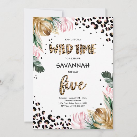 Leopard Print 5th Birthday Safari Oerwoud Party Kaart (Voorkant)