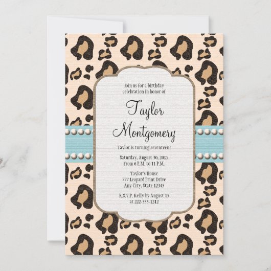 Leopard Print and Pearl Birthday Invitation Blue Kaart (Voorkant)