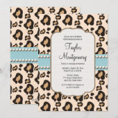 Leopard Print and Pearl Birthday Invitation Blue Kaart (Voorkant / Achterkant)