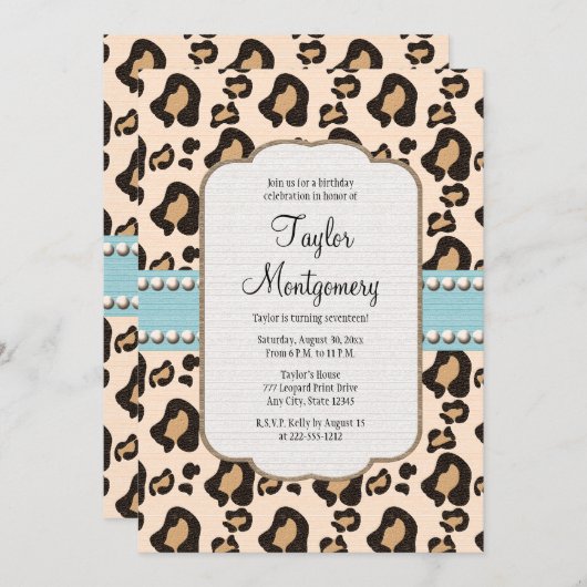 Leopard Print and Pearl Birthday Invitation Blue Kaart (Voorkant / Achterkant)