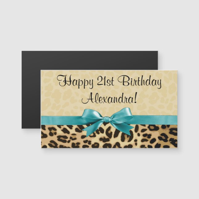 Leopard print Aqua Blue Bow Girls Birthday (Voorkant / Achterkant)