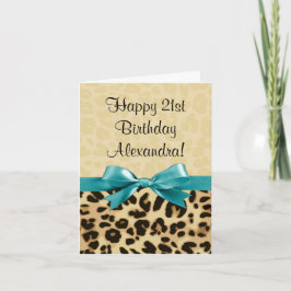 Leopard print Aqua Blue Bow Girls Birthday Kaart