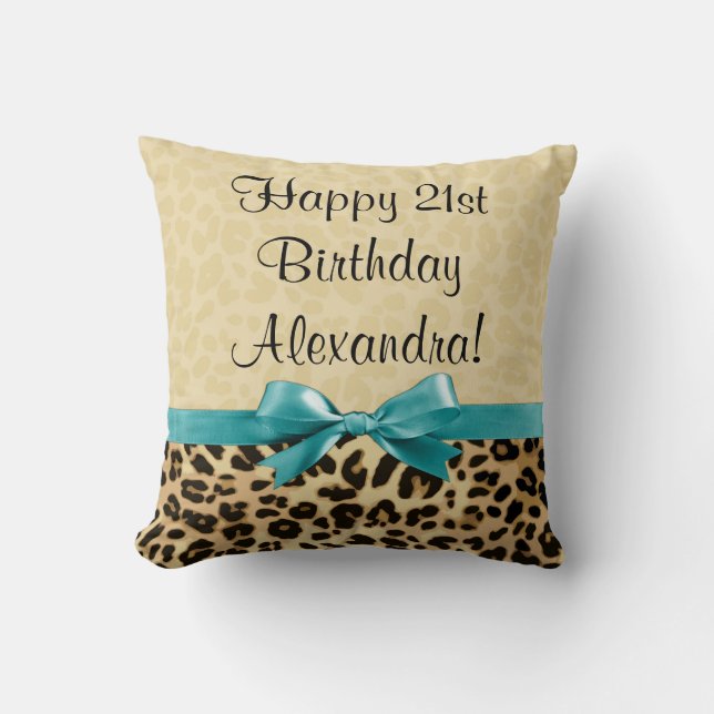 Leopard print Aqua Blue Bow Girls Birthday Kussen (Voorkant)