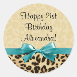 Leopard print Aqua Blue Bow Girls Birthday Ronde Sticker