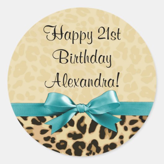 Leopard print Aqua Blue Bow Girls Birthday Ronde Sticker (Voorkant)