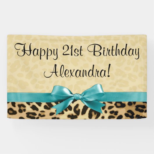 Leopard print Aqua Blue Bow Girls Birthday Spandoek (Horizontaal)