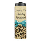 Leopard print Aqua Blue Bow Girls Birthday Thermosbeker (Voorkant)
