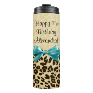 Leopard print Aqua Blue Bow Girls Birthday Thermosbeker