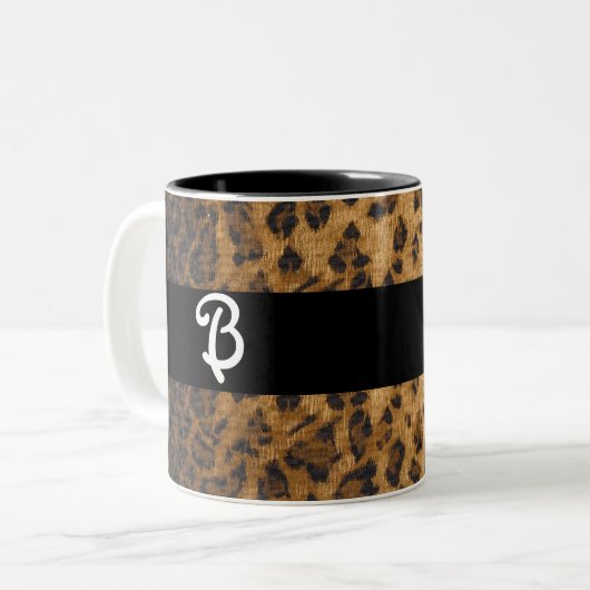 Leopard Print B monogram initiaal koopwaar Tweekleurige Koffiemok (Voorkant links)