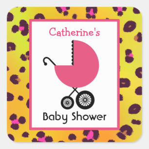 Leopard Print Baby shower & Roze Koets Vierkante Sticker