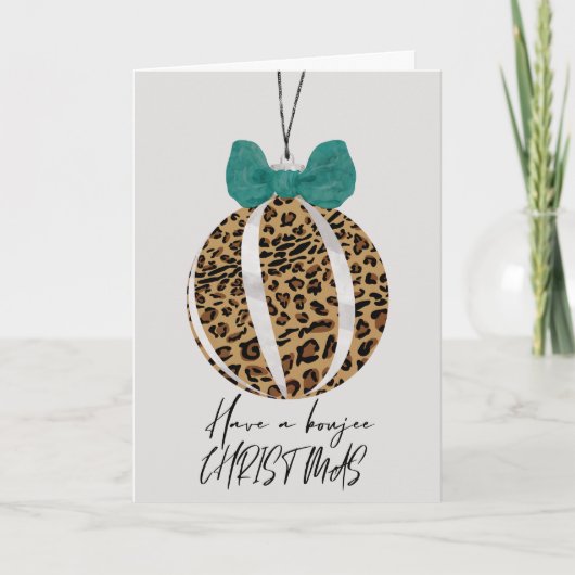 Leopard Print Bauble Green Bow Boujee kerst Kaart (Voorkant)