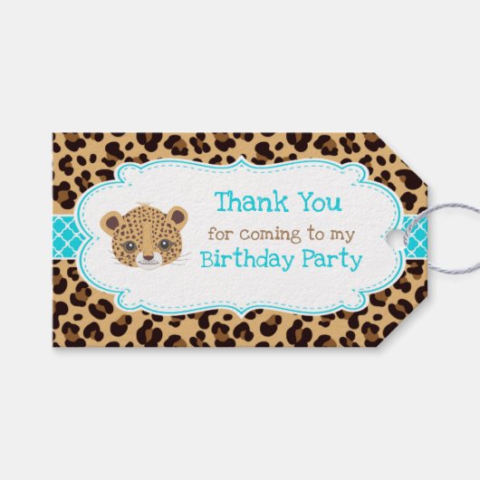 Leopard Print Blauw Quatrefoil 'Dank u' Label Cadeaulabel (Voorkant (Horizontaal))
