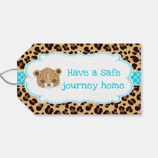 Leopard Print Blauw Quatrefoil 'Dank u' Label Cadeaulabel (Achterkant Horizontaal)