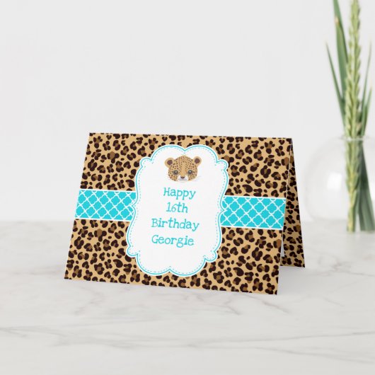 Leopard Print Blauw Quatrefoil Kaart (Voorkant)