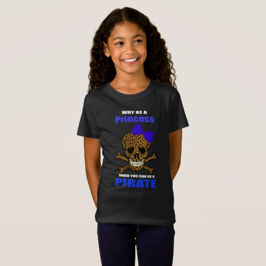Leopard Print Blue Bow Pirate Princess Skull T-shirt (Voorkant volledig)