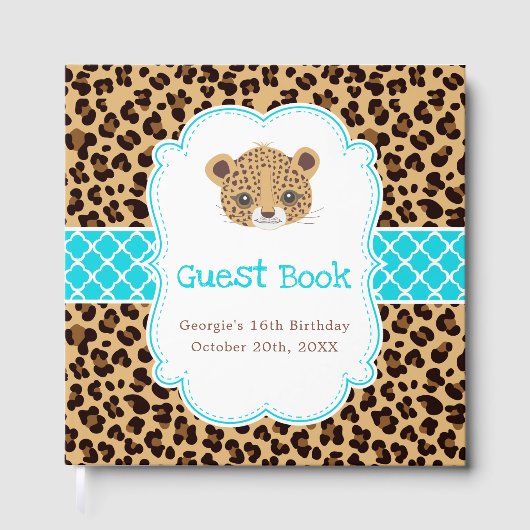 Leopard Print Blue Quatrefoil Birthday Party Gastenboek (Voorkant)