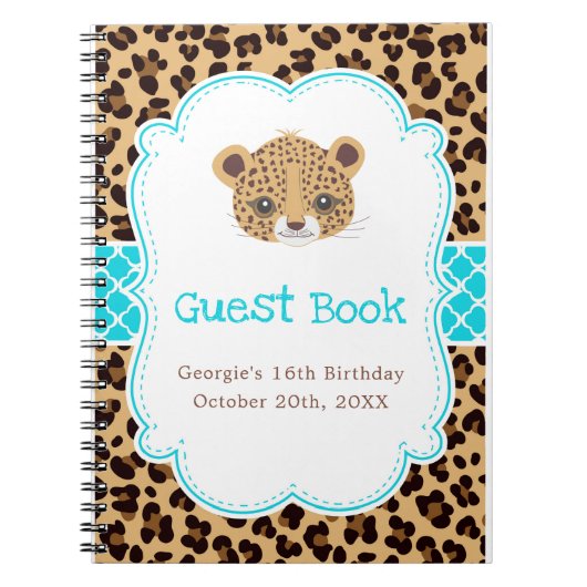 Leopard Print Blue Quatrefoil Birthday Party Notitieboek (Voorkant)