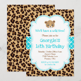 Leopard Print Blue Quatrefoil Verjaardagsfeest Kaart