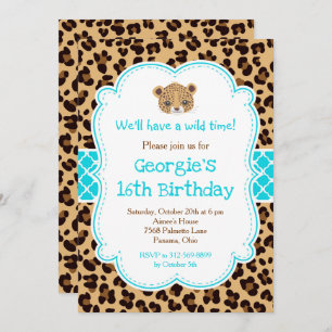 Leopard Print Blue Quatrefoil Verjaardagsfeest Kaart
