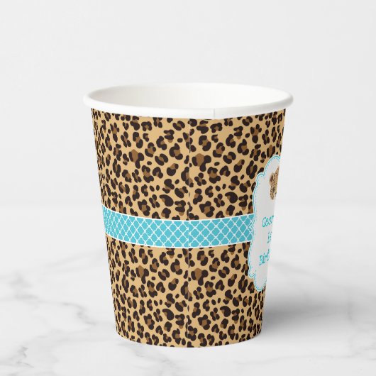 Leopard Print Blue Quatrefoil Verjaardagsfeest Papieren Bekers (Rechts)