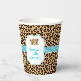 Leopard Print Blue Quatrefoil Verjaardagsfeest Papieren Bekers