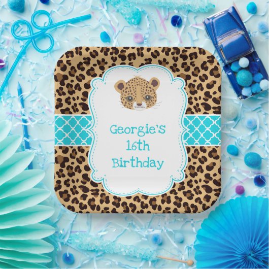 Leopard Print Blue Quatrefoil Verjaardagsfeest Papieren Bordje (Feest)