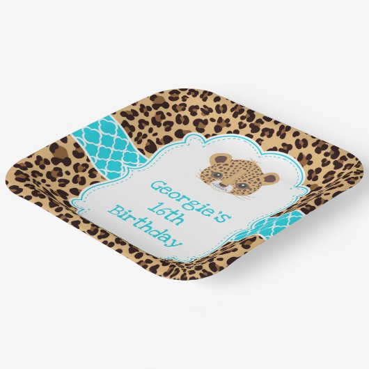 Leopard Print Blue Quatrefoil Verjaardagsfeest Papieren Bordje (Gebogen)