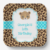 Leopard Print Blue Quatrefoil Verjaardagsfeest Papieren Bordje (Voorkant)