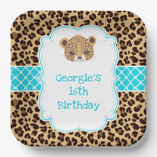 Leopard Print Blue Quatrefoil Verjaardagsfeest Papieren Bordje (Voorkant)