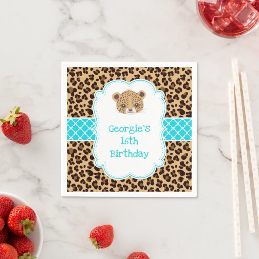 Leopard Print Blue Quatrefoil Verjaardagsfeest Servet (Insitu)