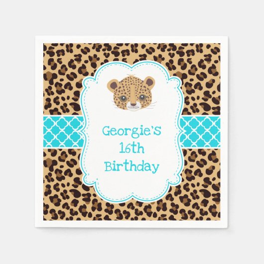 Leopard Print Blue Quatrefoil Verjaardagsfeest Servet (Voorkant)