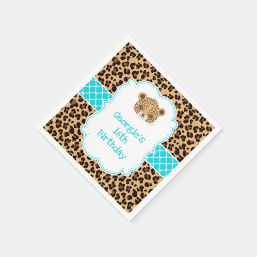 Leopard Print Blue Quatrefoil Verjaardagsfeest Servet (Hoek)