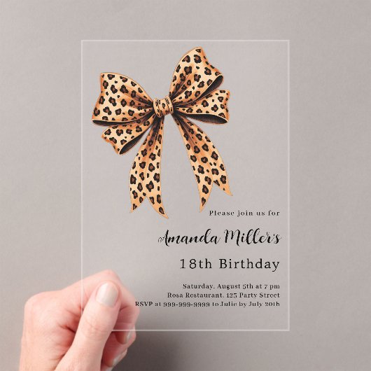 Leopard print boog bruin verjaardag helder acryl uitnodigingen (Insitu (Draagbaar))
