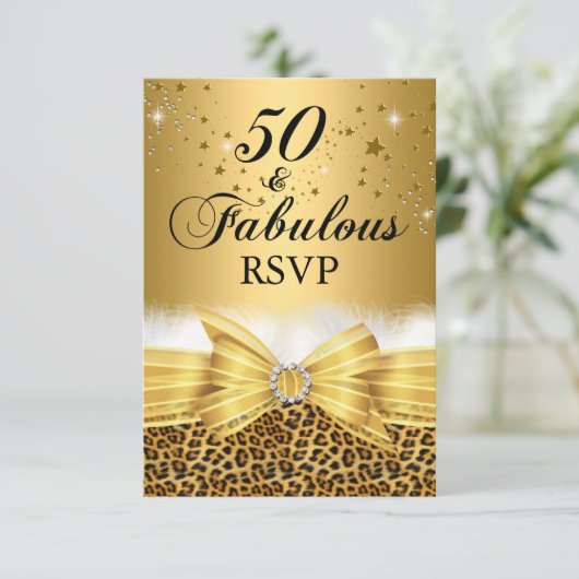 Leopard Print & Bow 50 & Fabulous RSVP Gold (Staand voorkant)