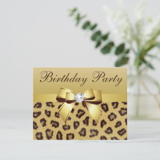 Leopard Print, Bow & Diamond Birthday Party Kaart (Staand voorkant)